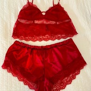 Red lace/satin bralette and short set